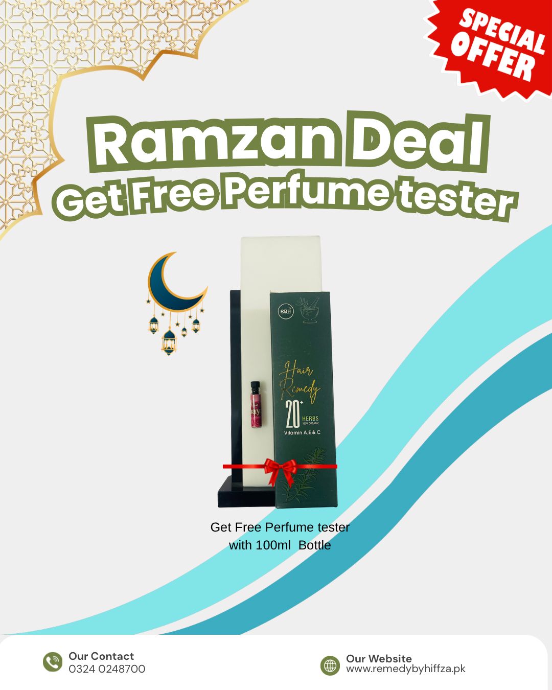 Advertisement for a Ramzan deal offering a free perfume tester with a 100ml bottle, featuring a product display and decorative elements.