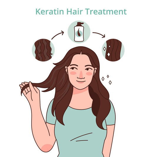 hair treatment illustration showing before and after hair texture with smooth, shiny results