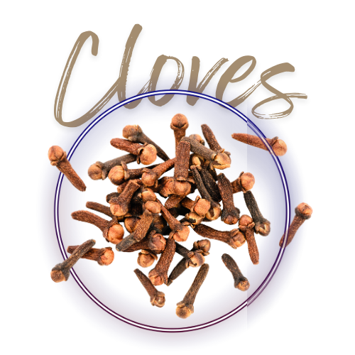 Cloves on a white plate with 'CLOVES' text above