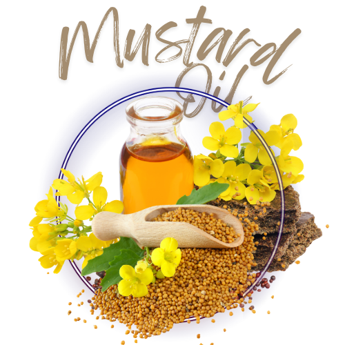 Bottle of mustard oil with seeds and flowers on a white background