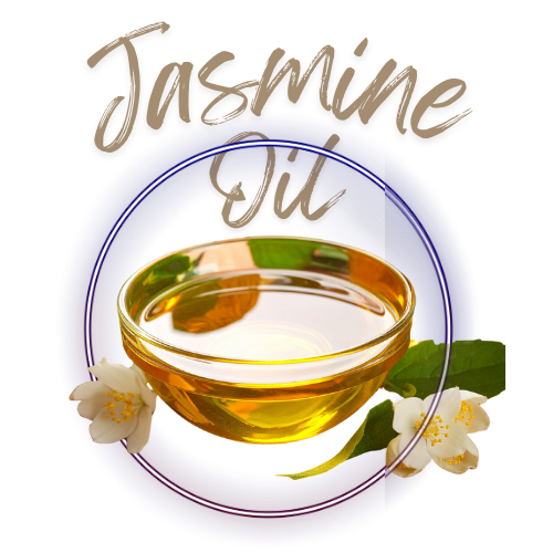 Bowl of jasmine oil with jasmine flowers on a white background