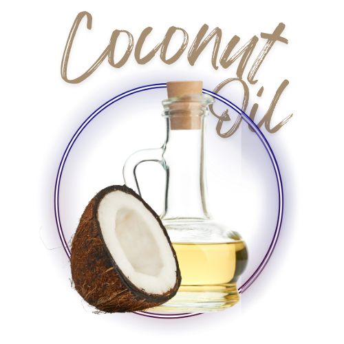 Coconut oil bottle with a half-coconut on a white background, labeled 'Coconut Oil'.