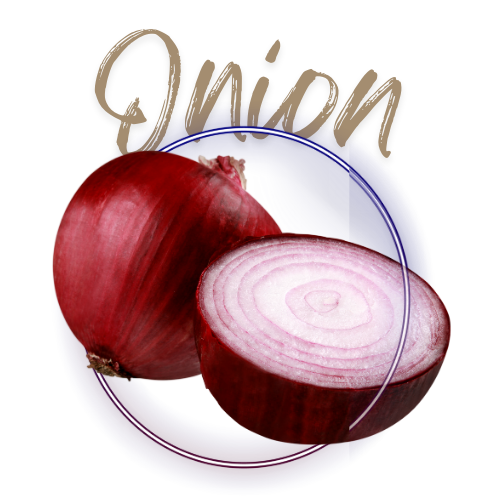 Red onion with a half-cut onion on a white background, featuring the word 'Onion' in gold.