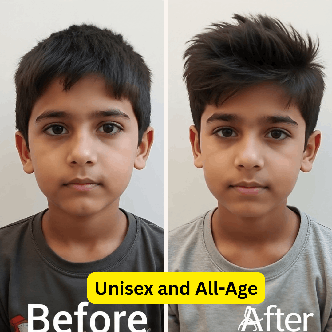 Before and after comparison of a child's haircut with text 'Unisex and All-Age' on a plain background.