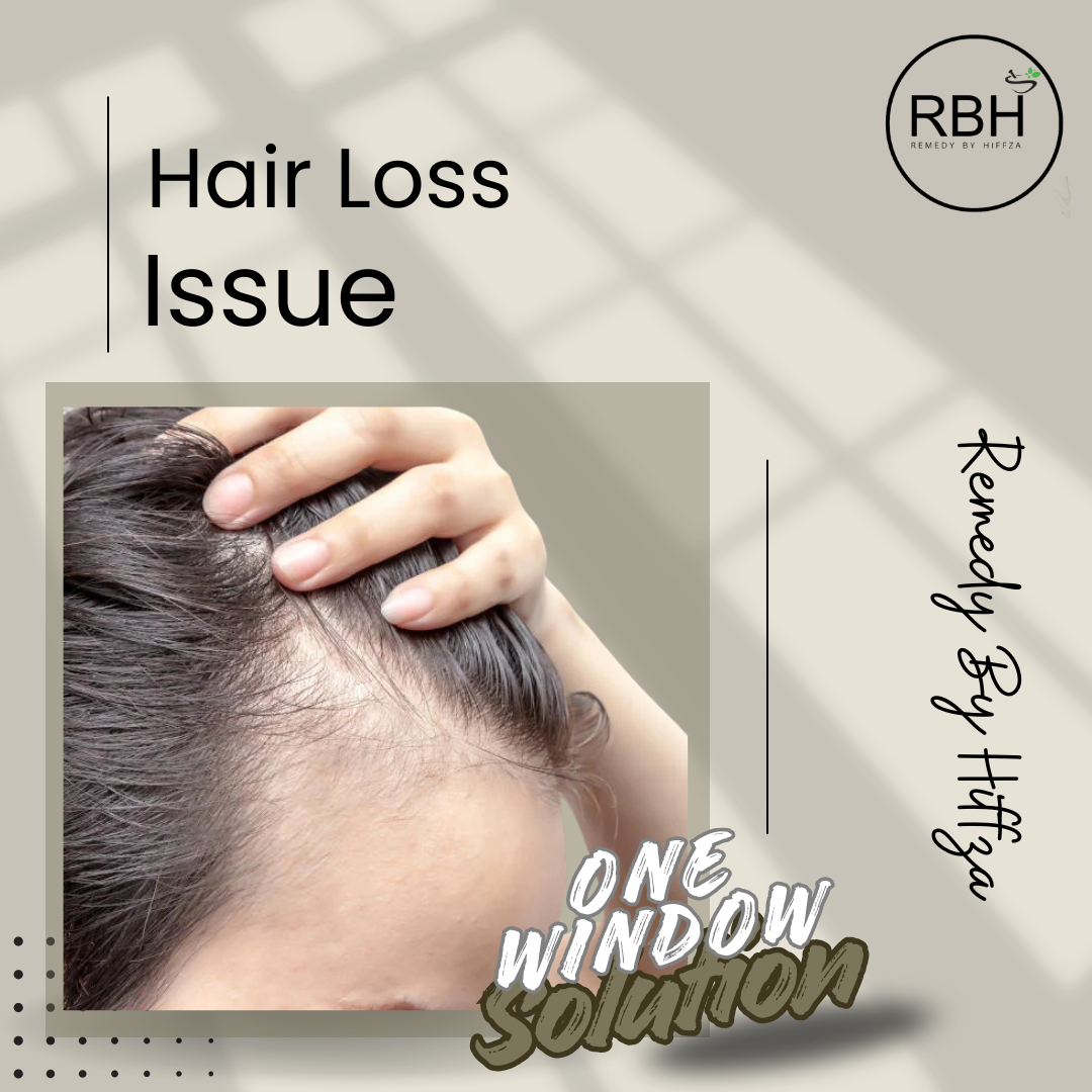 Person with hair loss issue and 'One Window Solution' text on a gray background