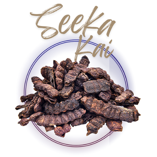 Dried berries on a white plate with 'Seeka Kai' branding.