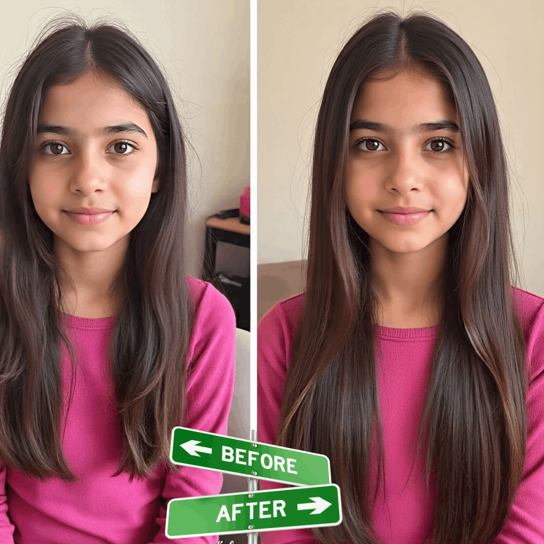 Before and after comparison of a girl with long hair, wearing a pink shirt.