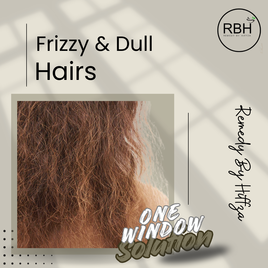Advertisement for hair care product with frizzy and dull hair image and RBH branding.