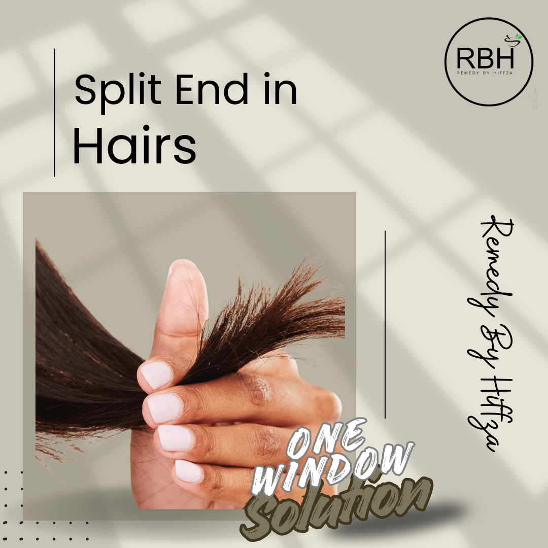 Hand holding hair with split ends, showing hair care issue, on a neutral background with 'RBH' branding.