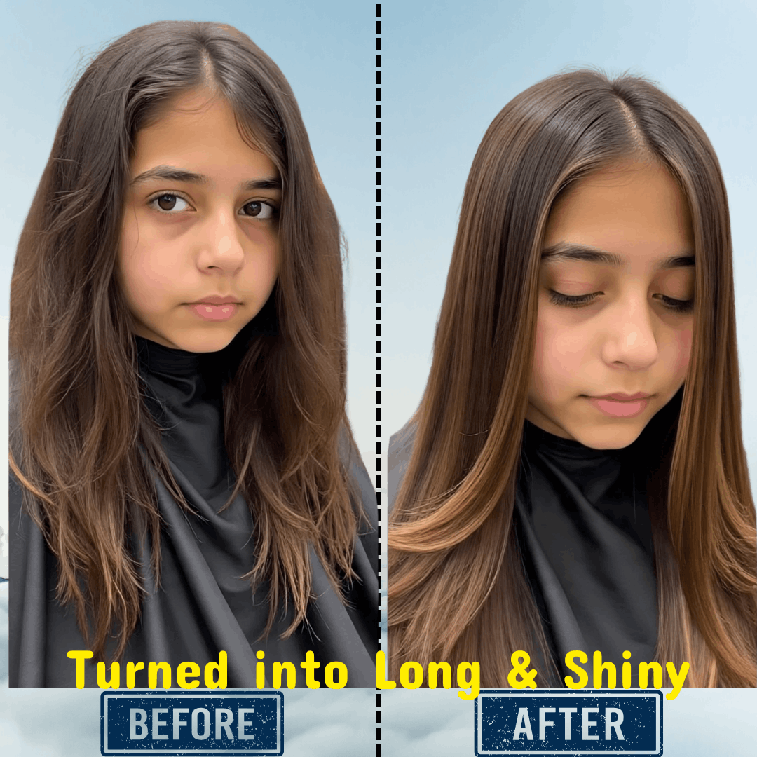 Before and after comparison of a girl with long hair, labeled 'Turned into Long & Shiny'.