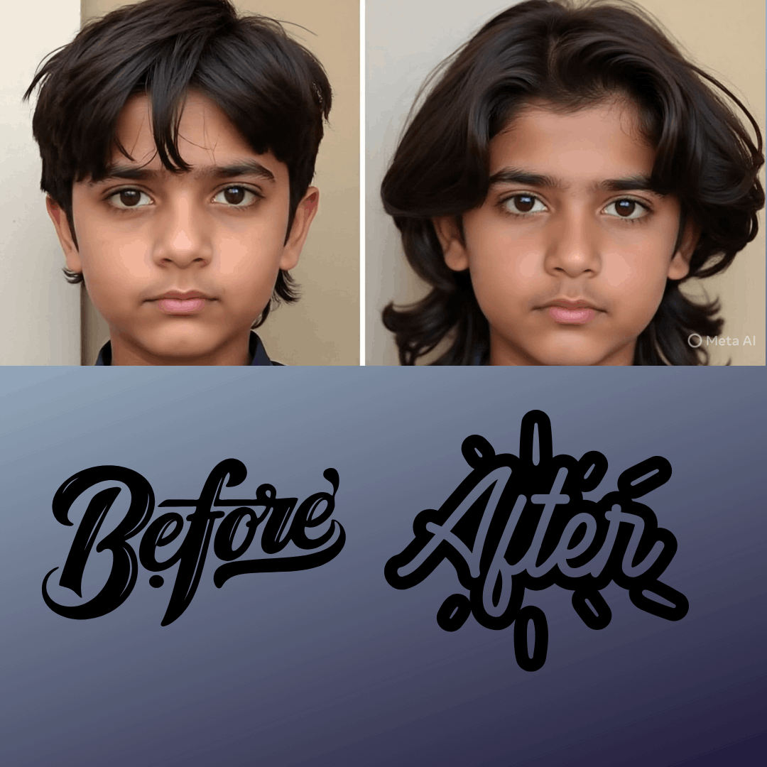 Before and after comparison of a child's hairstyle with 'Before' and 'After' labels.