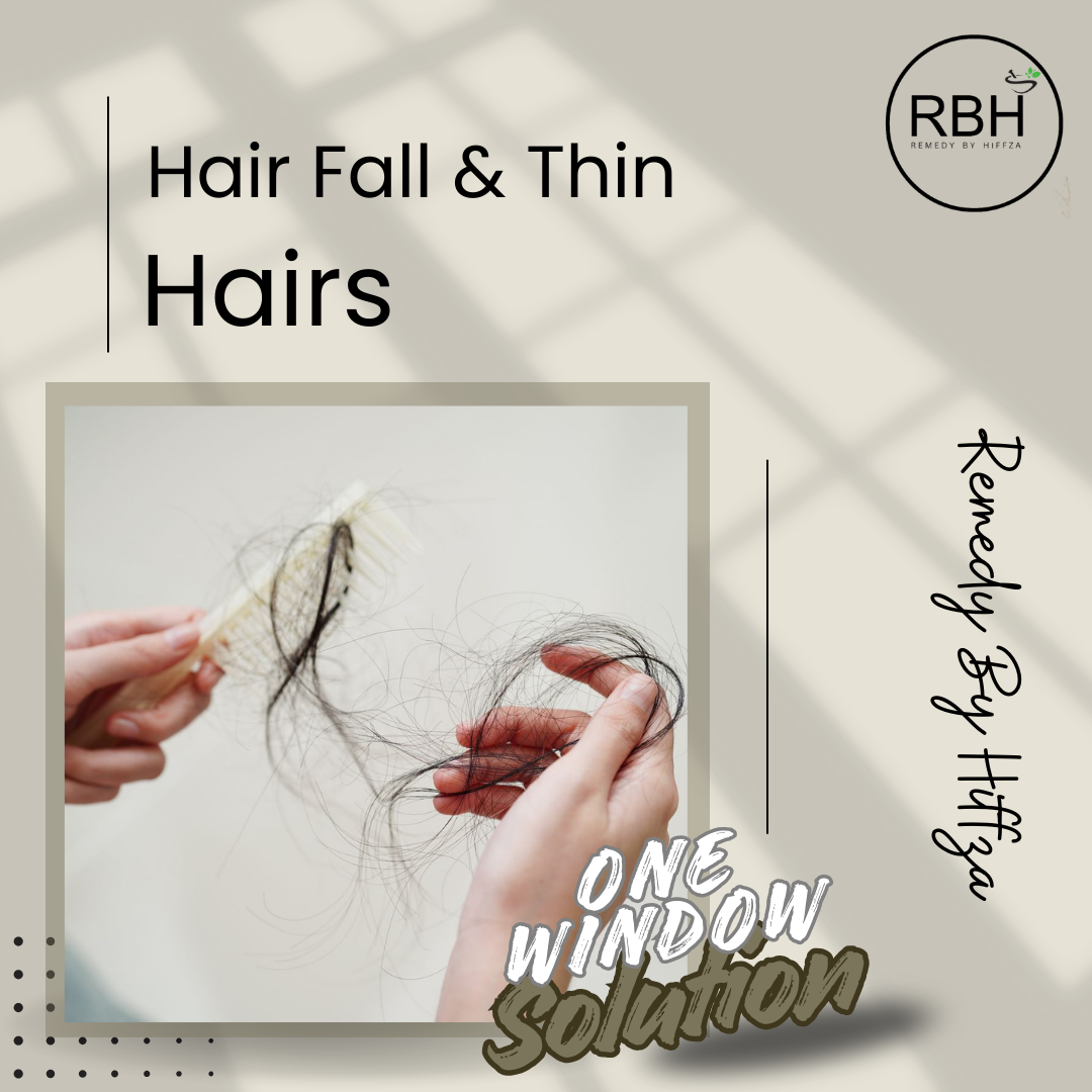 Hands holding thin hair strands with text about hair fall and thin hairs, and a brand logo on a light background.