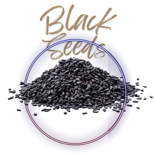 Pile of black seeds with 'Black Seeds' text on a white background