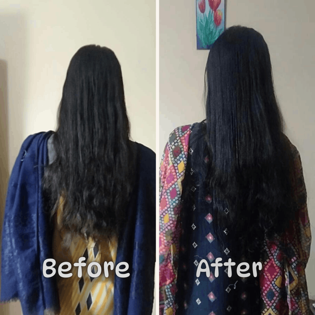 Before and after comparison of a person with long hair, wearing different outfits.