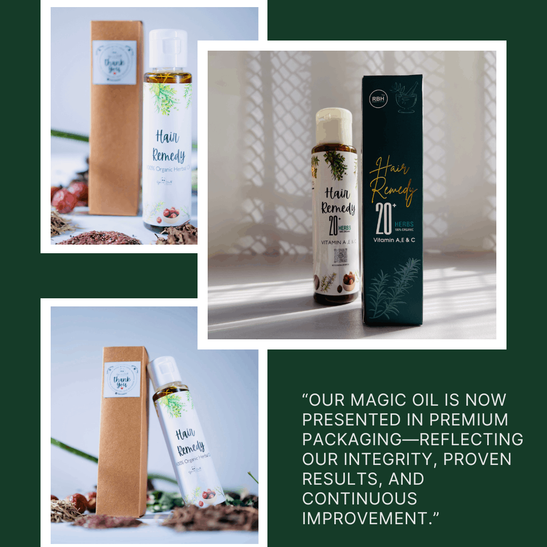 Collage of hair care products with text about premium packaging.