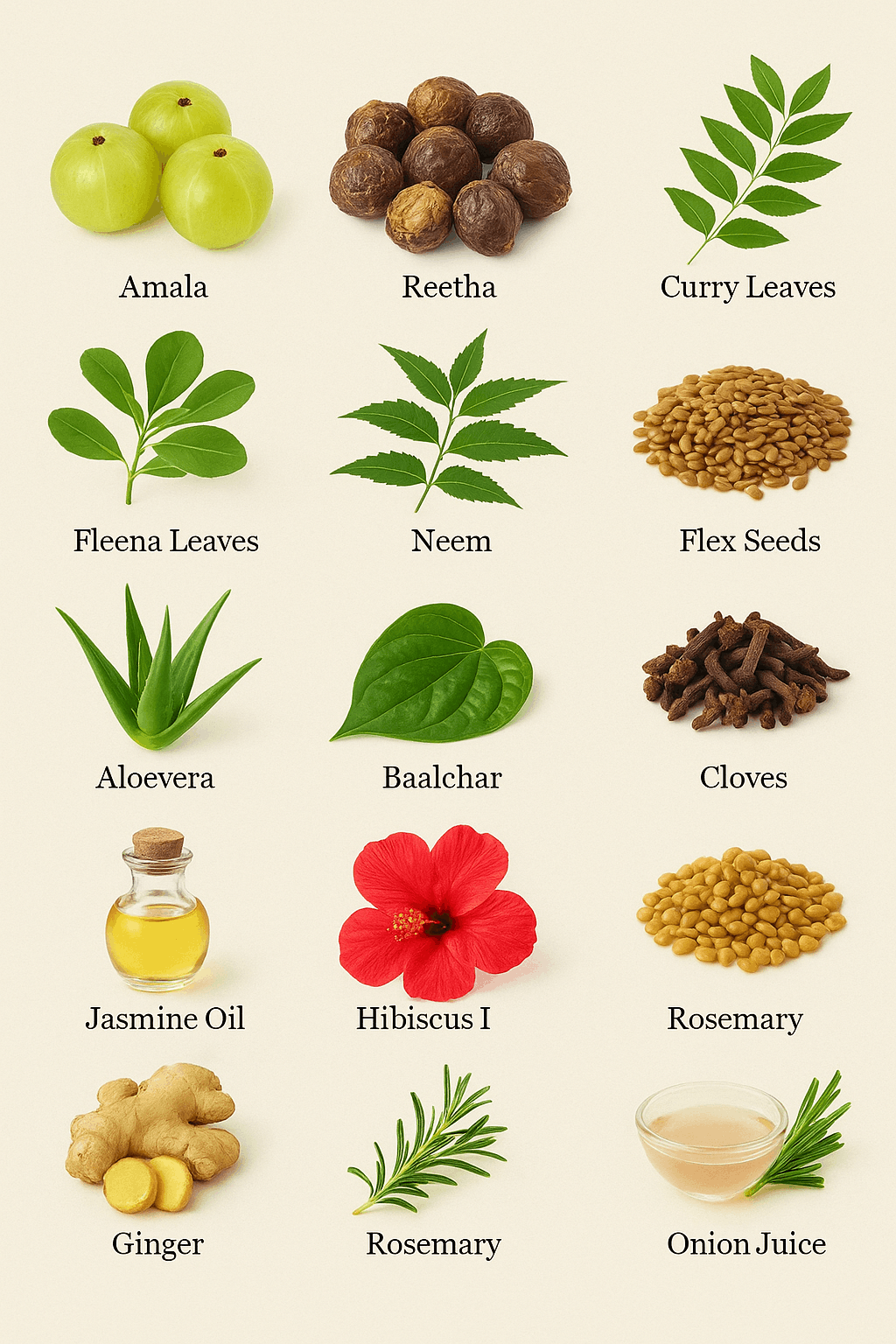 Illustration of various herbs and spices with their names on a beige background