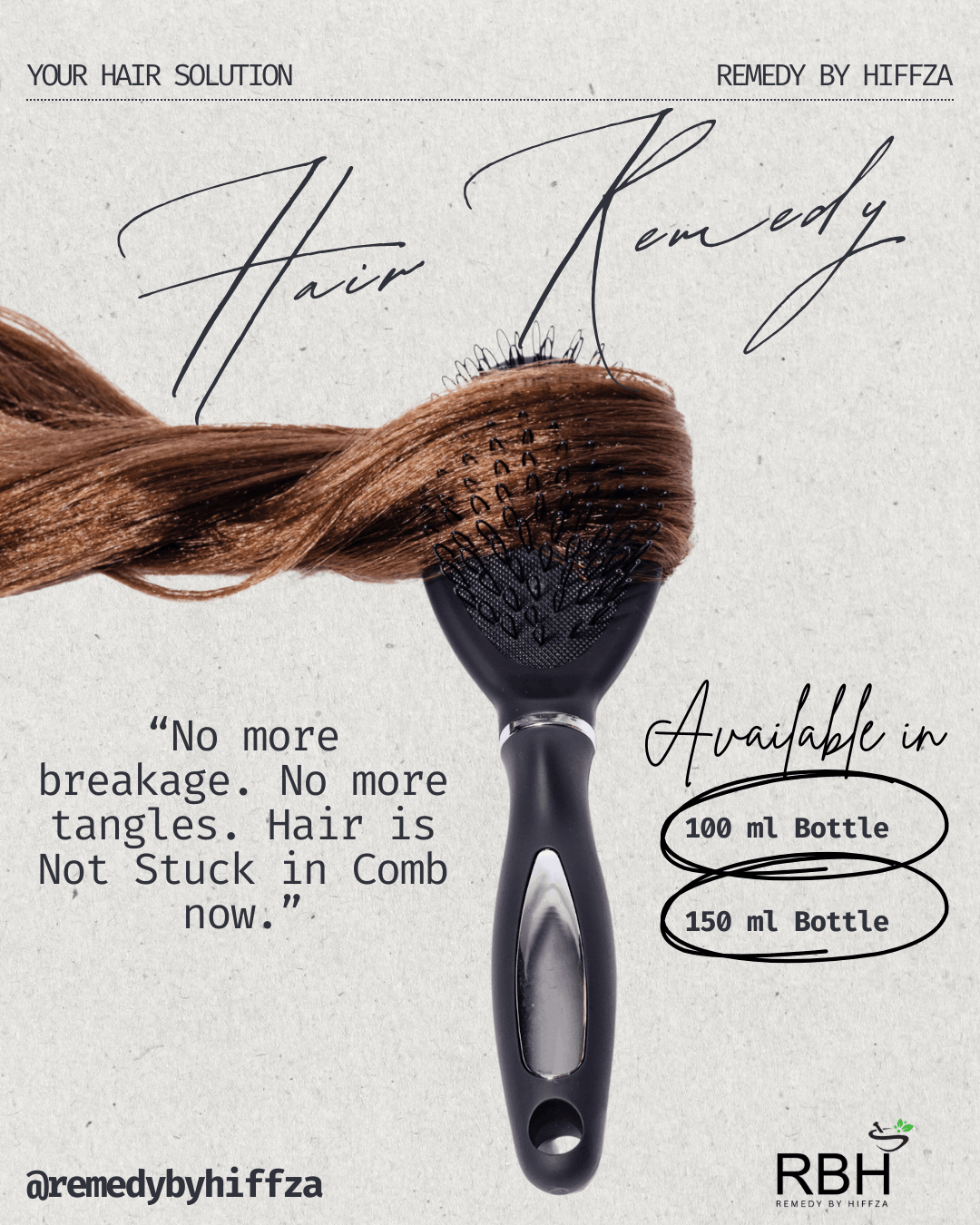 Hair remedy product with a brush and text on a light background