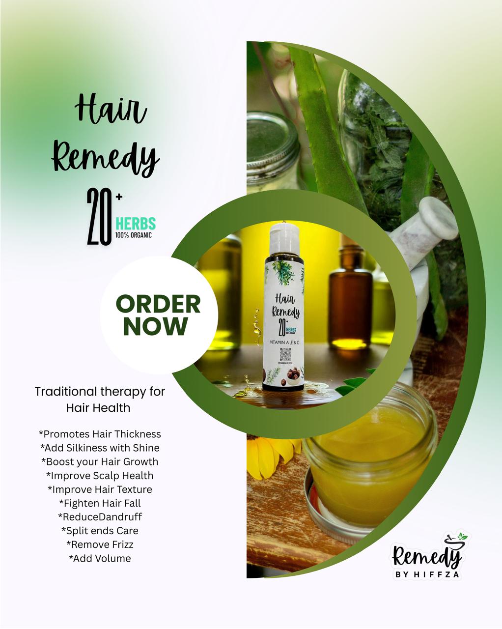 Hair remedy product with herbs and oils on a wooden surface, promoting traditional therapy for hair health.