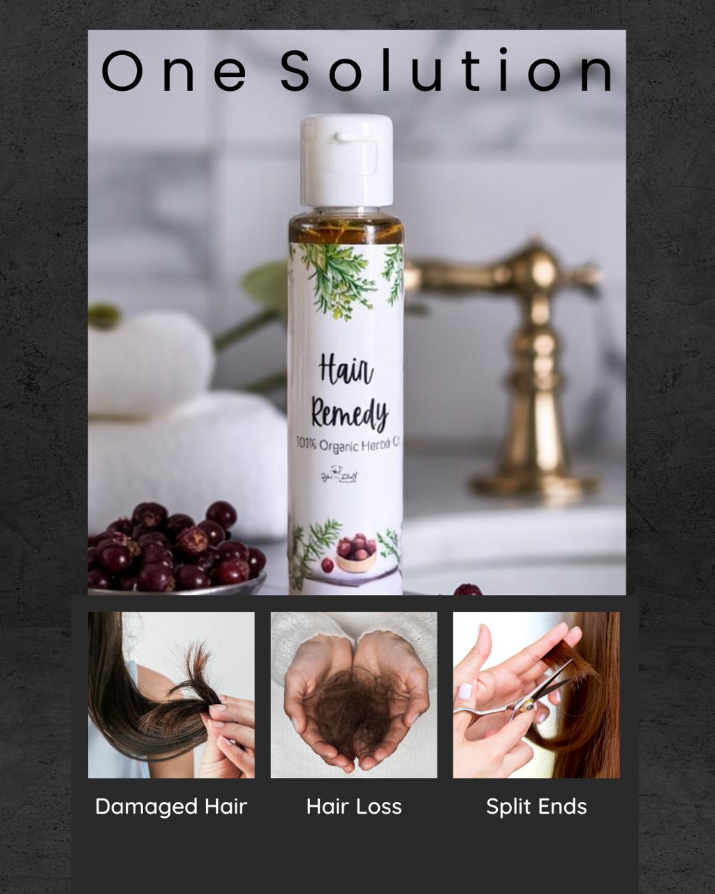 Hair Remedy product with images of damaged hair, hair loss, and split ends on a bathroom background.