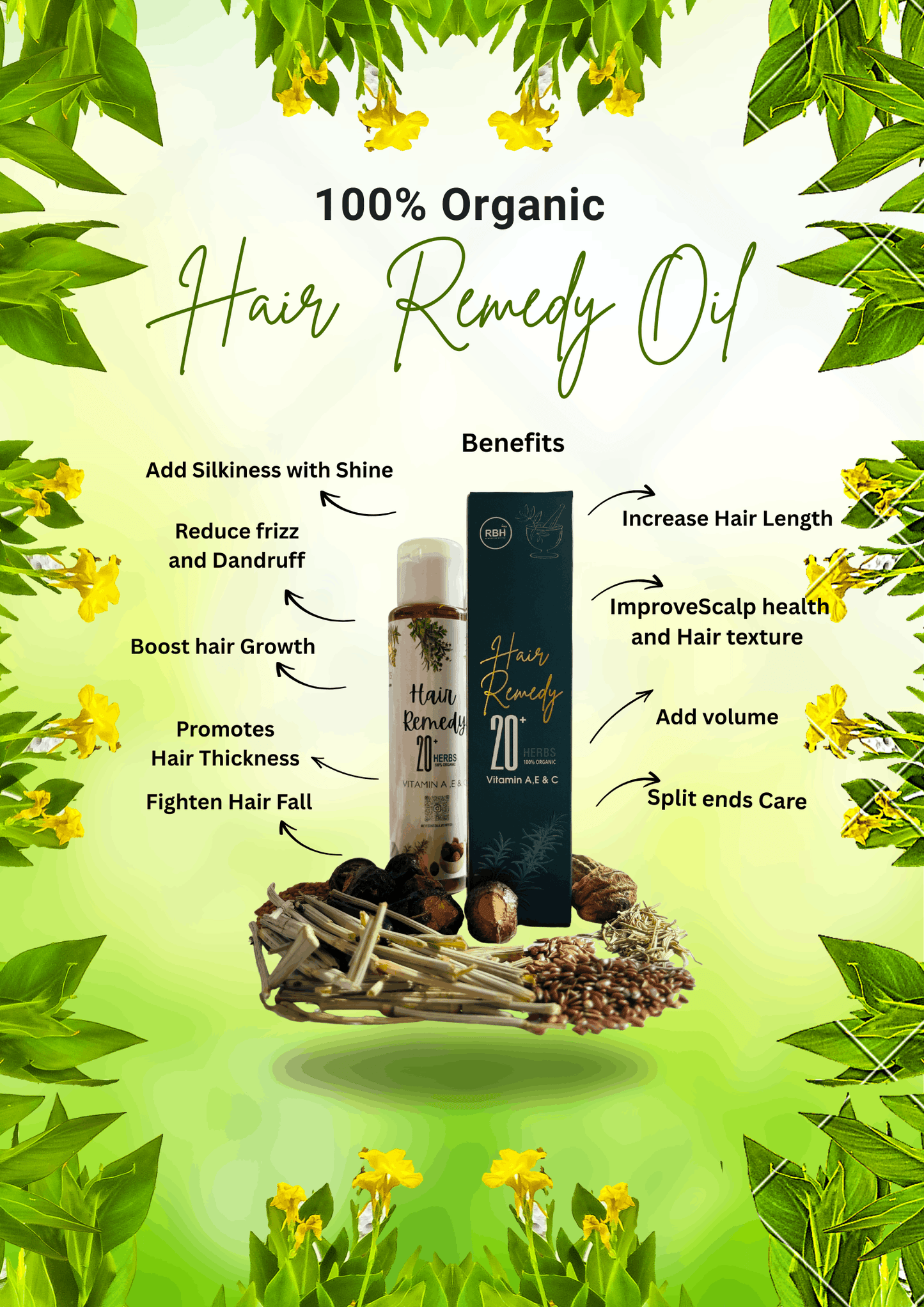 100% Organic Hair Remedy Oil packaging with benefits listed on a green background with leaves and flowers.