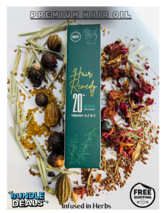 Hair Remedy 20+ Premium Hair Oil packaging with herbs on a white background