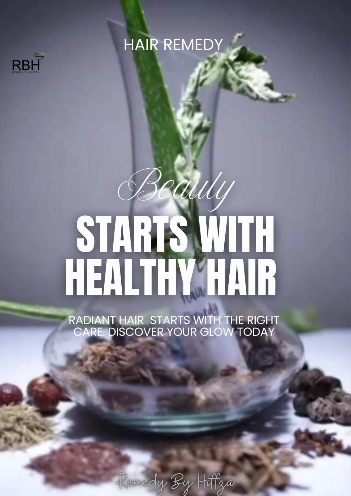 Hair remedy with aloe vera and herbs on a gray background, featuring RBH branding.