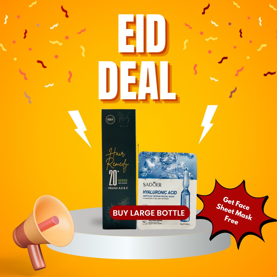 Promotional image with skincare products and 'EID DEAL' text on a bright yellow background.