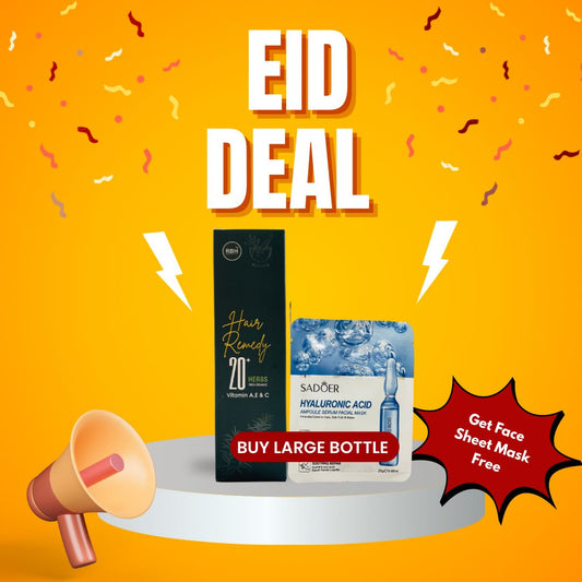 Promotional image with skincare products and 'EID DEAL' text on a bright yellow background.