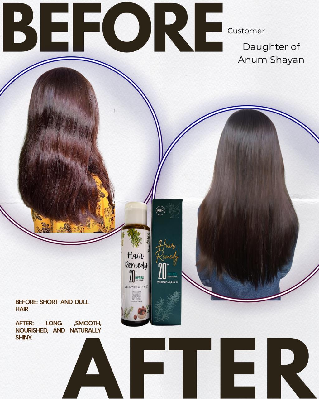 Before and after comparison of hair treatment with product packaging displayed.