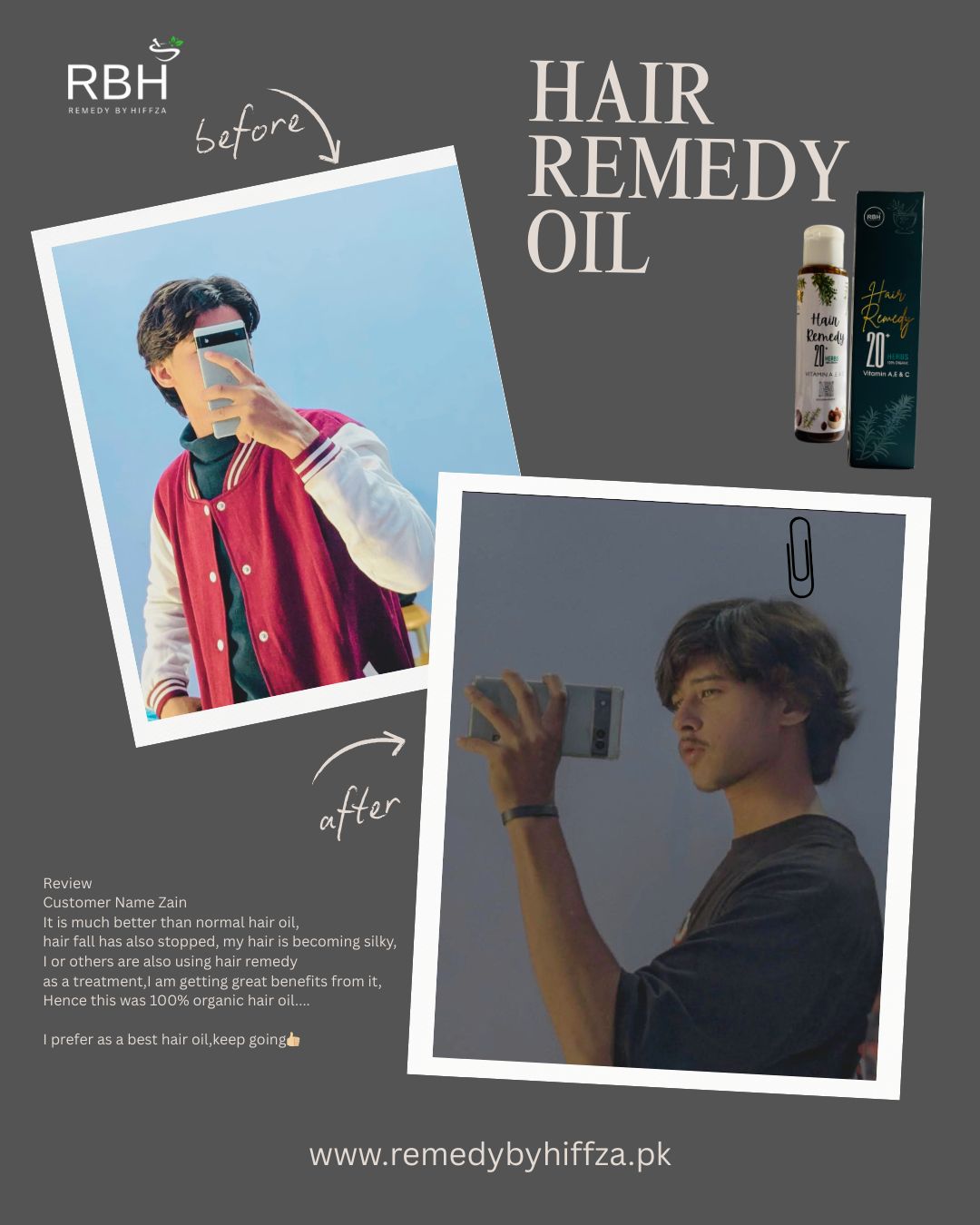 Advertisement for Hair Remedy Oil showing a person with styled hair and text.