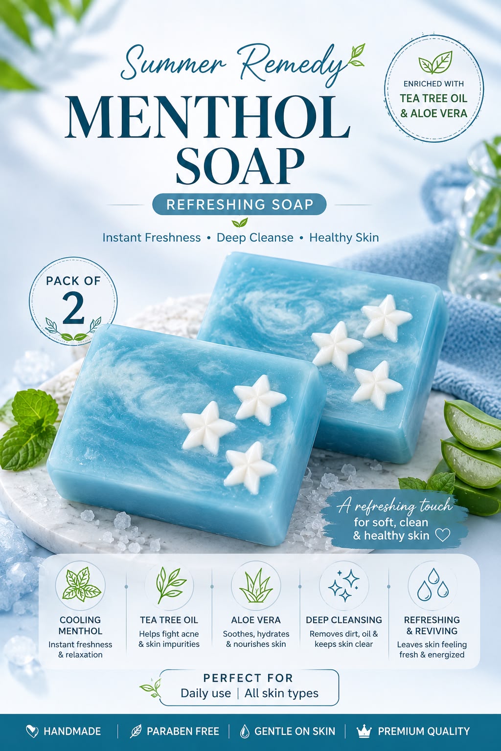 'Summer Remedy " Handmade Menthol Soap with Goodness of Tea tree oil , Aloe vera